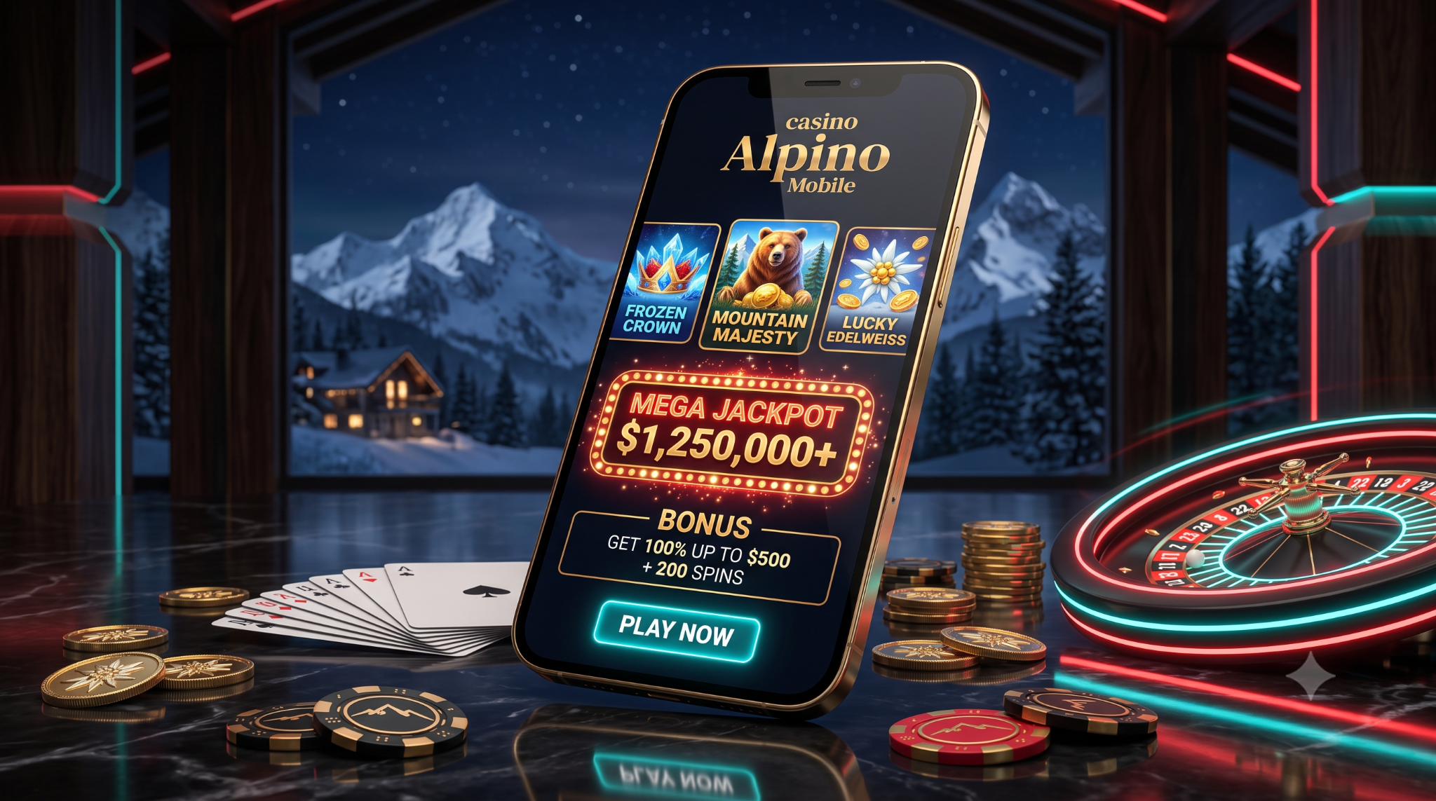 Casino Alpino mobile con jackpot e roulette in scenario alpino